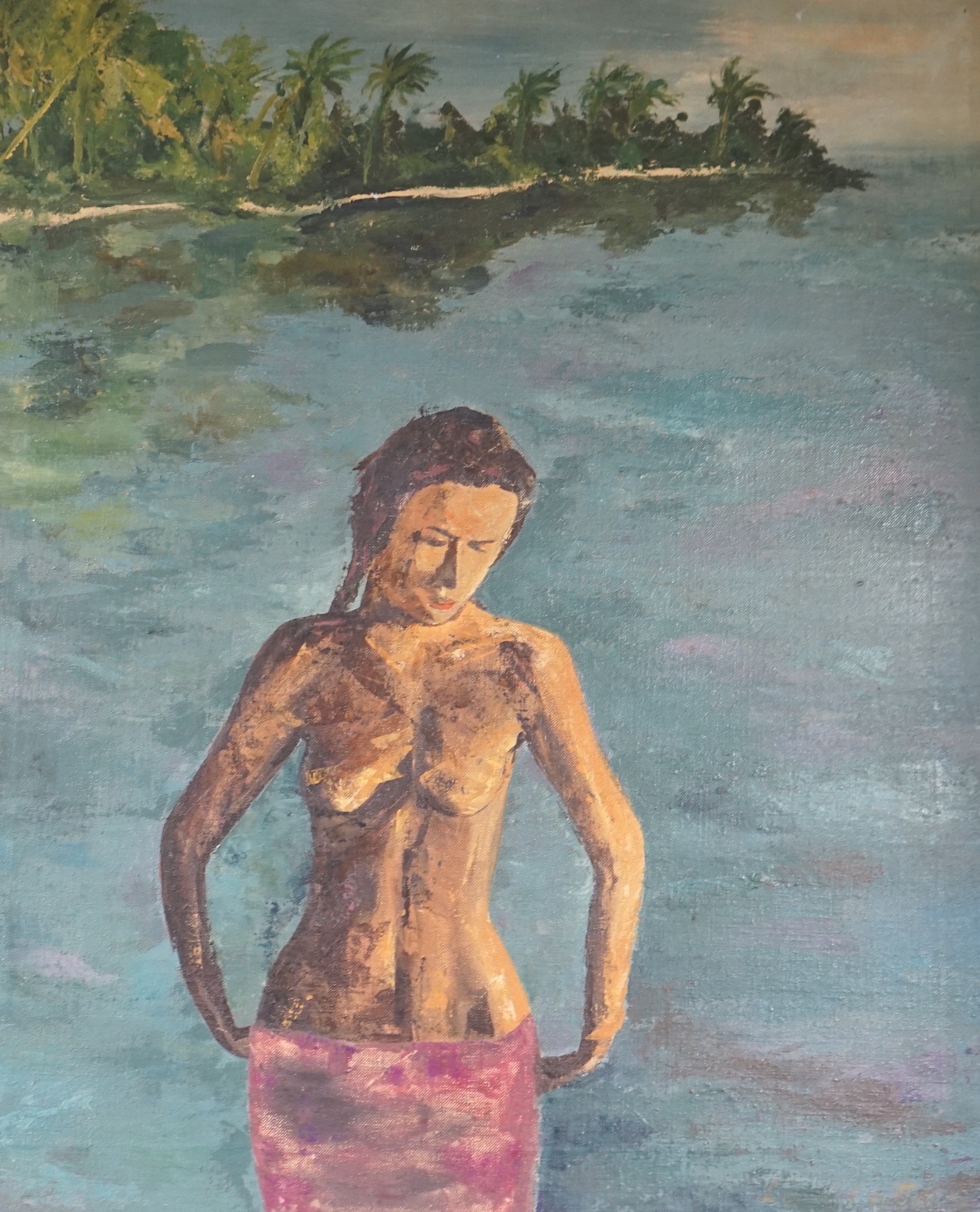 West Indian School, oil on canvas, Woman bathing on the shoreline, 60 x 50cm